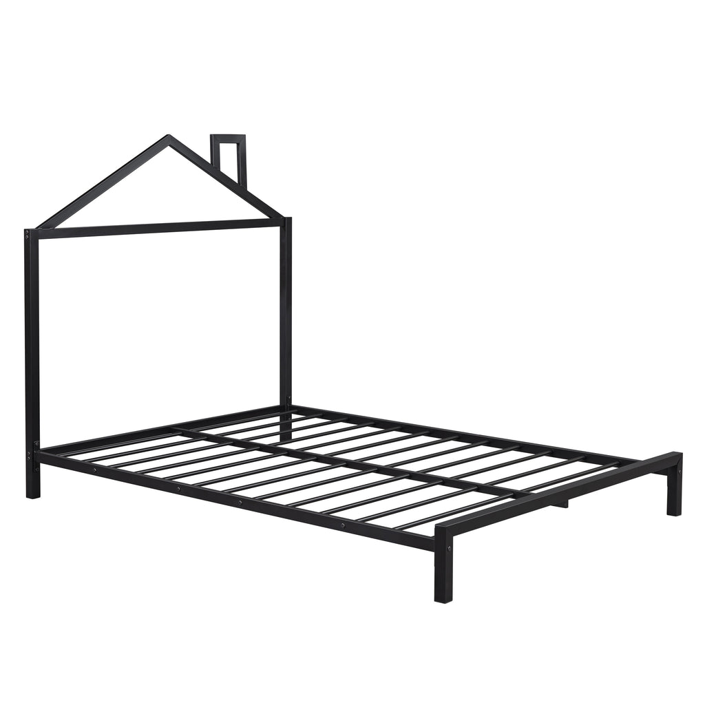 Leoglint Full Size Metal Platform Bed with House-Shaped Headboard Design, Black