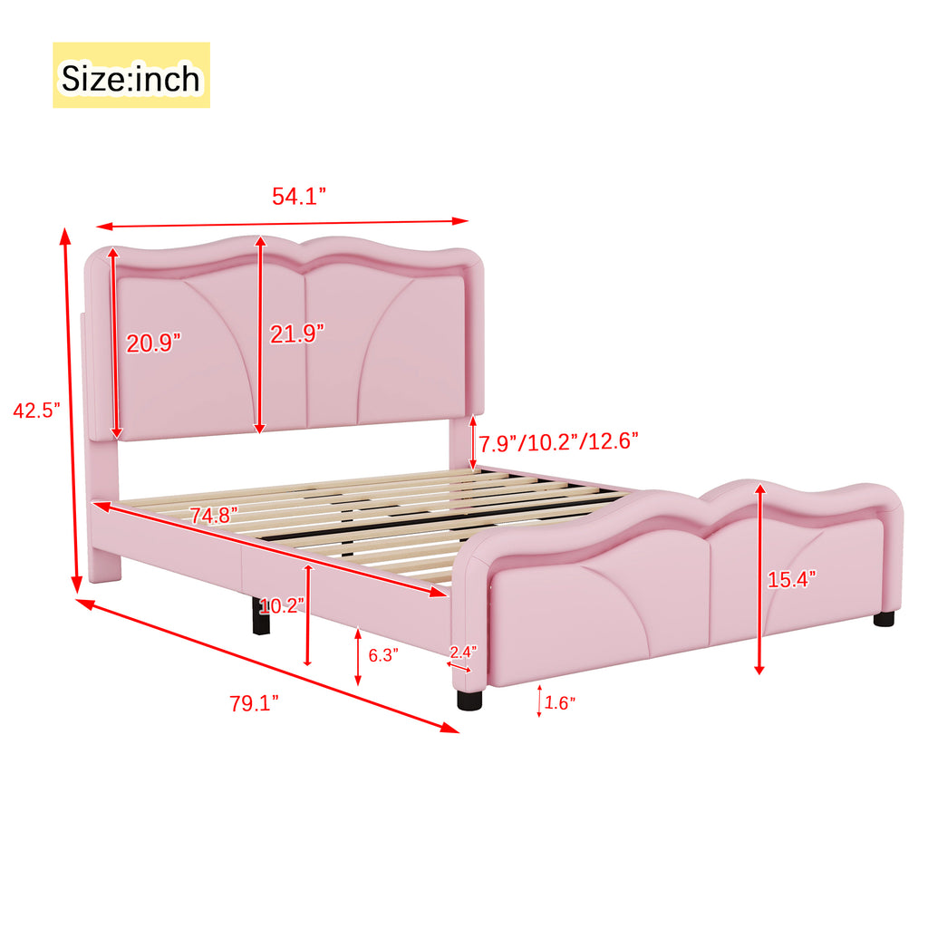 Leoglint Full Size Upholstered Platform Bed Frame with Curve Shaped and Height-adjustbale Headboard,LED Light Strips,Pink