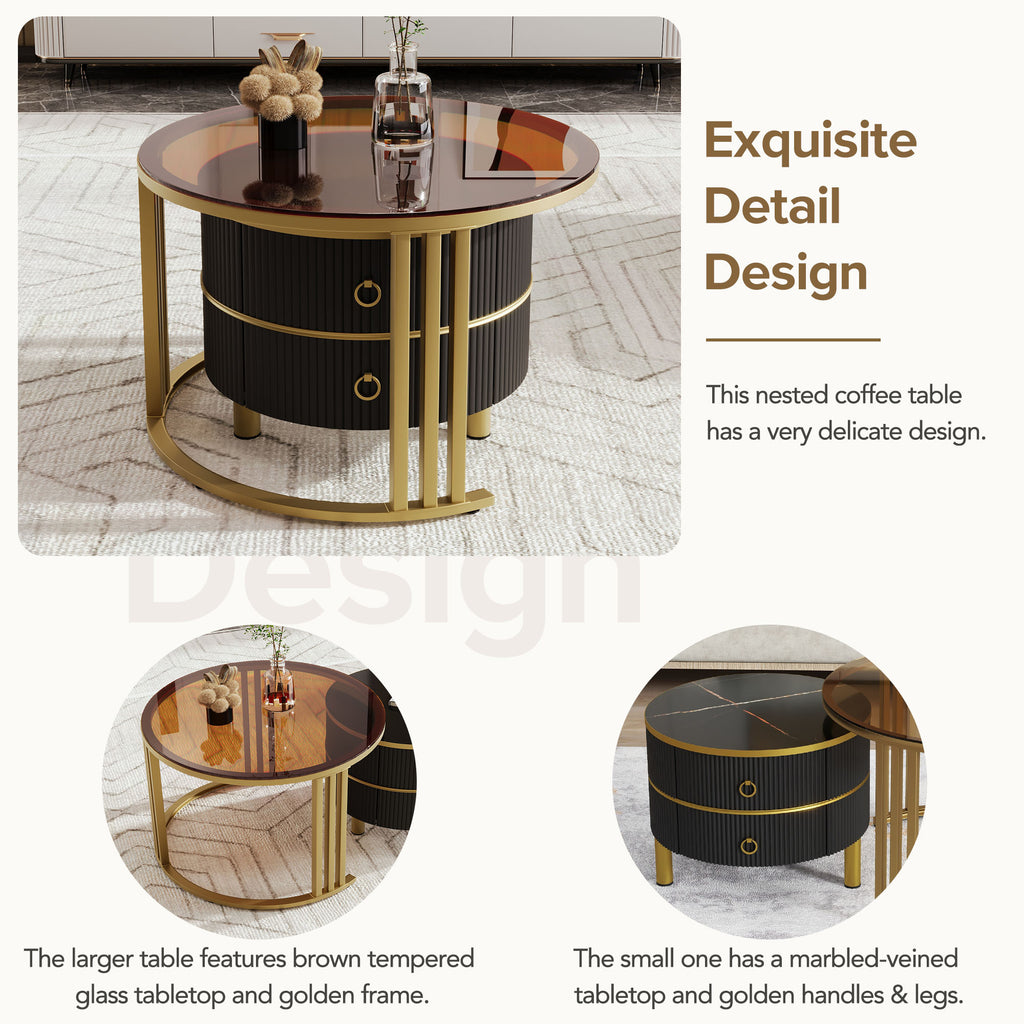 Leoglint ON-TREND Φ27.5'' & Φ19.6'' Stackable Coffee Table with 2 Drawers, Nesting Tables with Brown Tempered Glass and High Gloss Marble Tabletop, Set of 2, Round Center Table for Living Room, Black