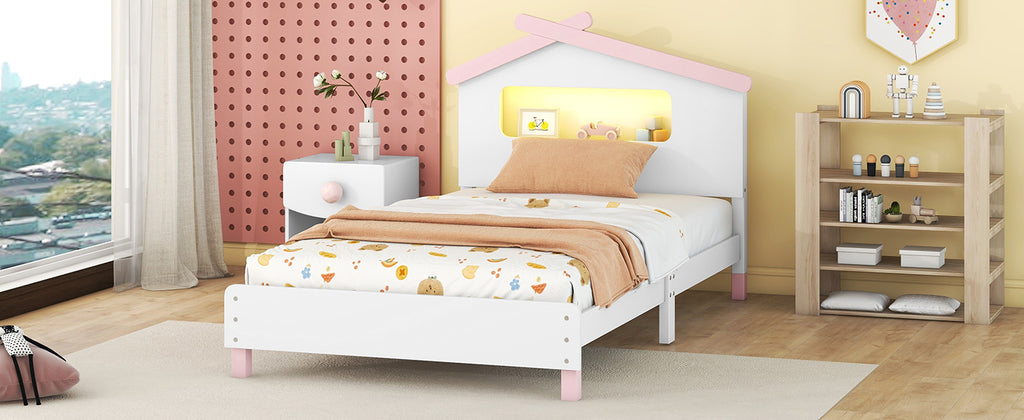 Leoglint Twin Size Wood Platform Bed Frame with House-shaped Headboard and Motion Activated Night Lights (White+Pink)