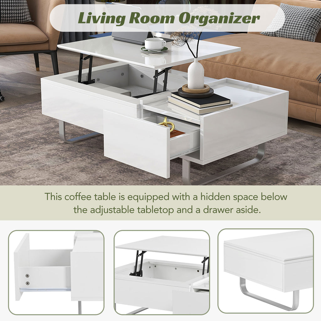 Leoglint [VIDEO provided] ON-TREND Multi-functional Coffee Table with Lifted Tabletop, Contemporary Cocktail Table with Metal Frame Legs, High-gloss Surface Dining Table for Living Room, White