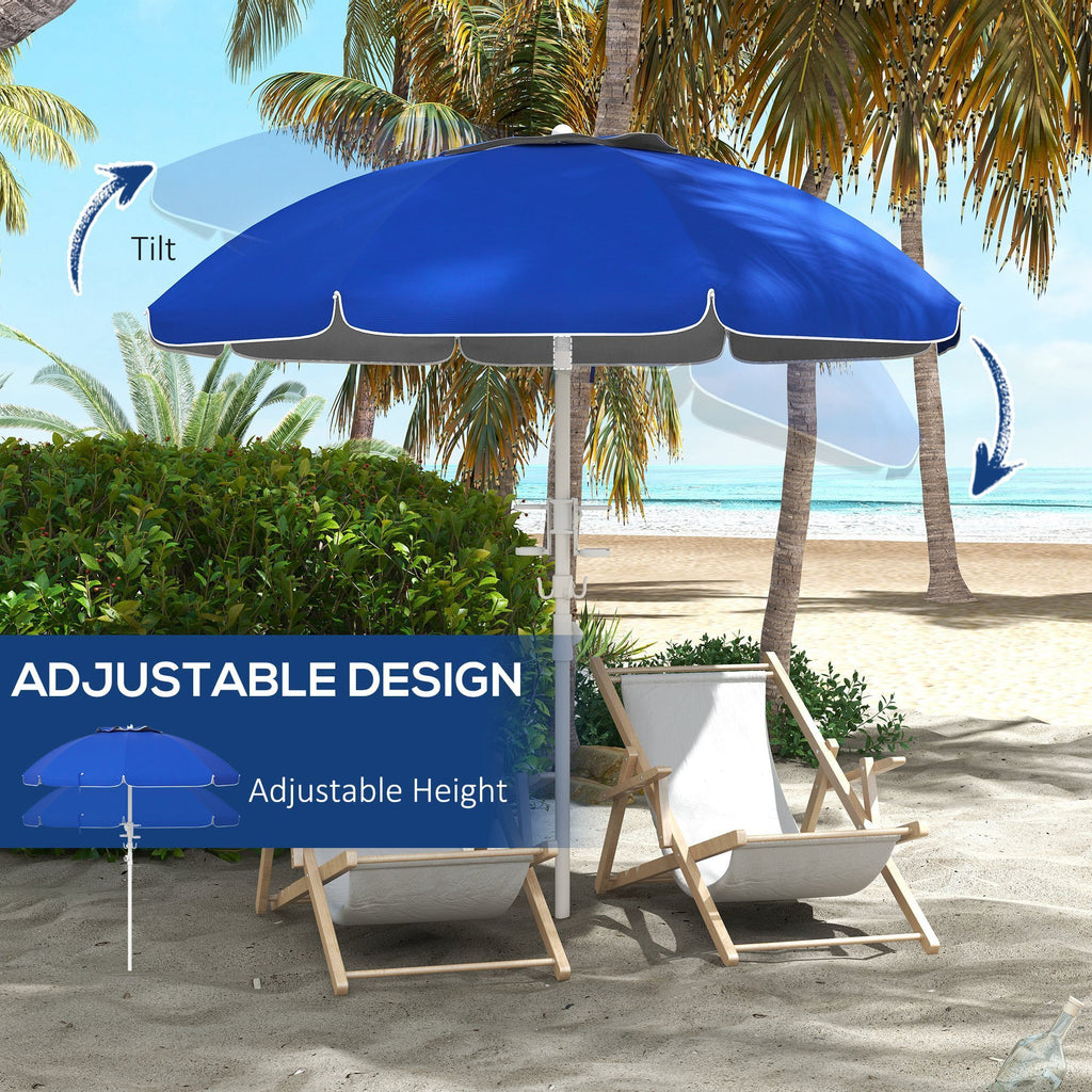 Leoglint 5.7' Portable Beach Umbrella with Tilt, Adjustable Height, 2 Cup Holders & Hooks, UV 40+ Ruffled Outdoor Umbrella with Vented Canopy, Blue