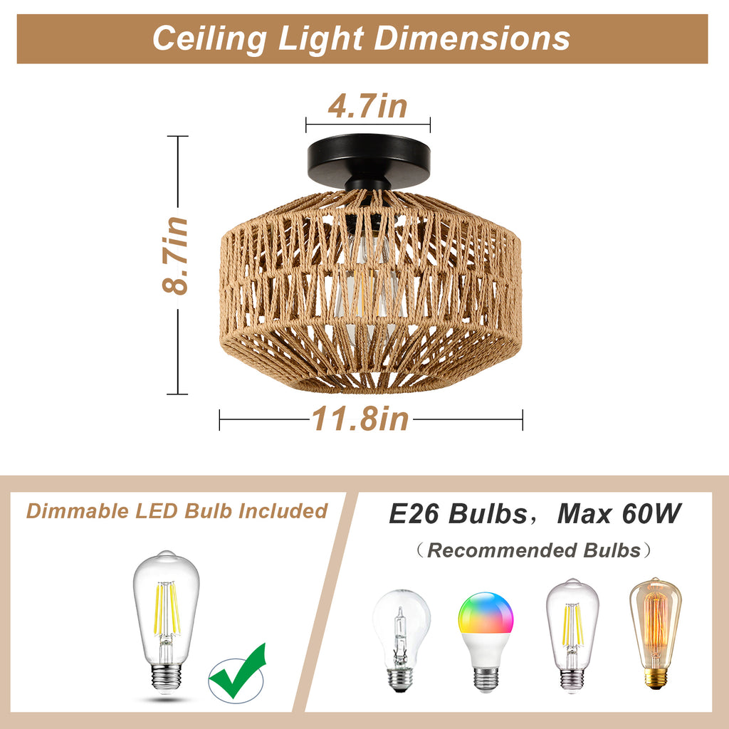 Leoglint Pendant Mini Rattan Flush Mount Light Chandelier with Dimmable LED Bulb