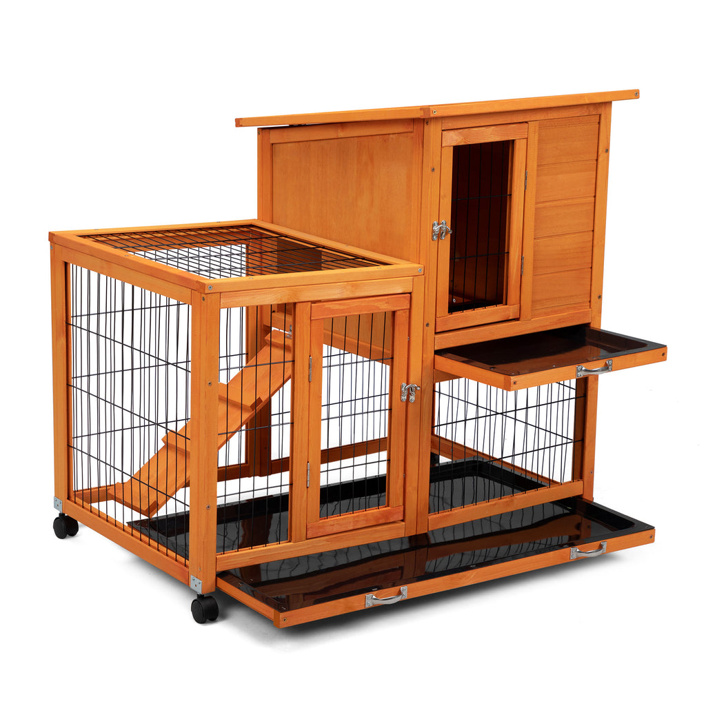 Leoglint Detachable Rabbit Hutch with Removable Tray and Rolling Casters, Orange