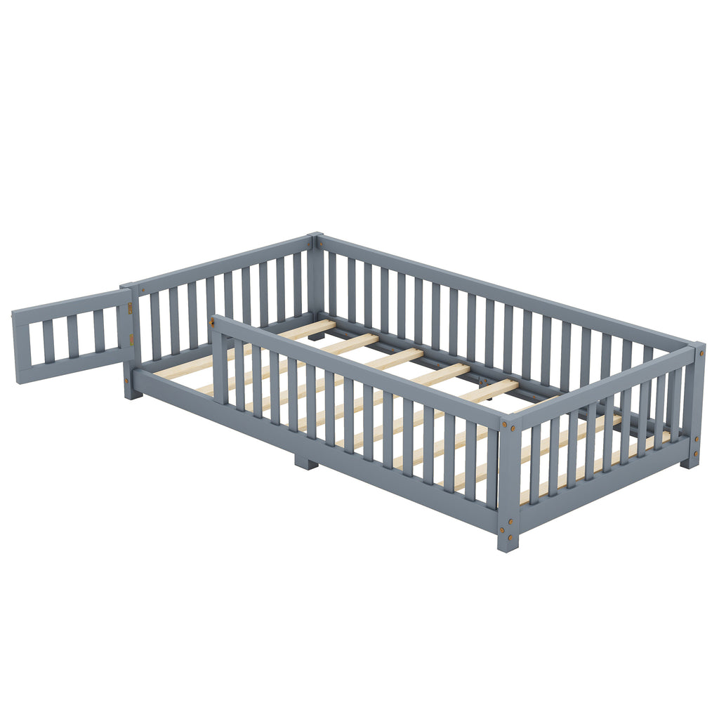 Leoglint Twin Size Bed Floor Bed Frame with Safety Guardrails and Door for Kids, Gray(Old SKU: W158090685)