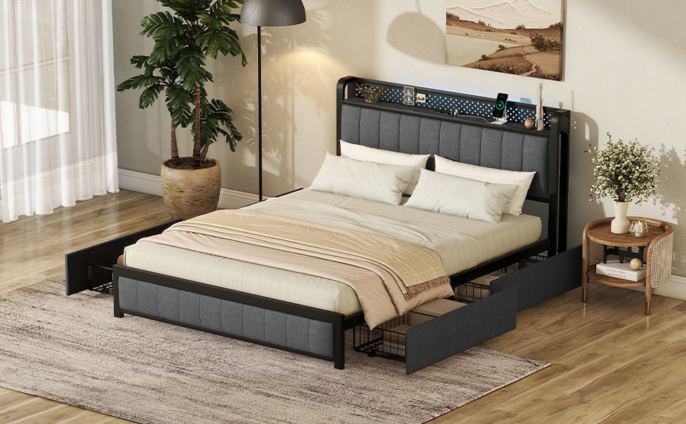 Queen Bed Frame with LED Headboard, Upholstered Bed with 4 Storage Drawers and USB Ports, Dark Grey