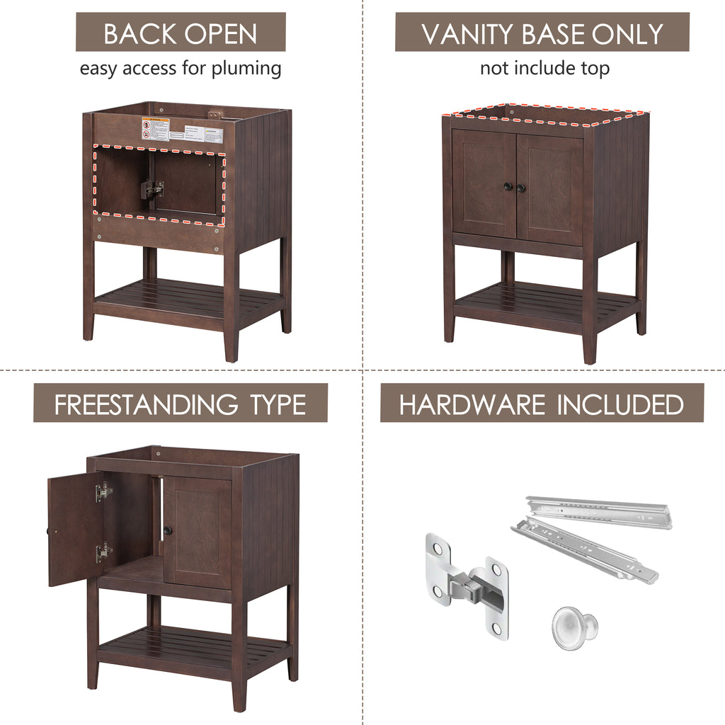 Leoglint 24" Bathroom Vanity Base Only, Soild Wood Frame, Bathroom Storage Cabinet with Doors and Open Shelf, Brown