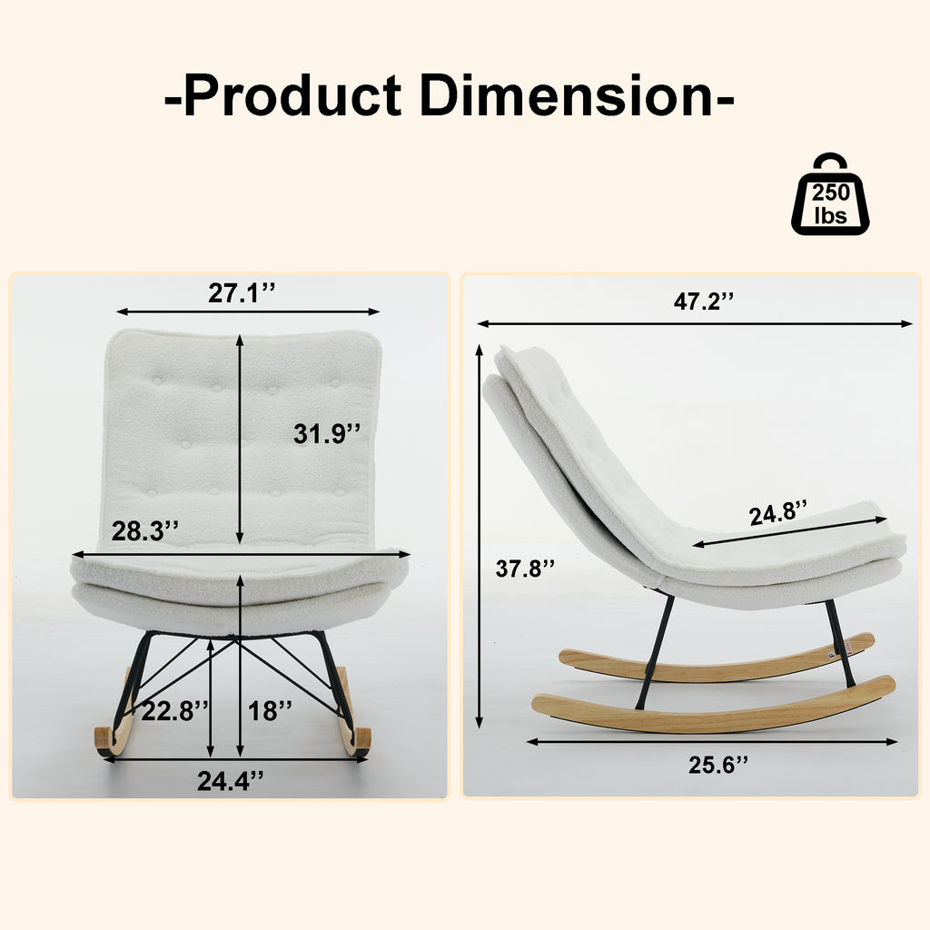 Leoglint Lazy Rocking Outdoor Chair,Comfortable Lounge Chair with Wide Backrest and Seat Wood Base, Upholstered Armless Rocker Chair for Living room, Balcony,Bedroom and Patio Porch. (WHITE)