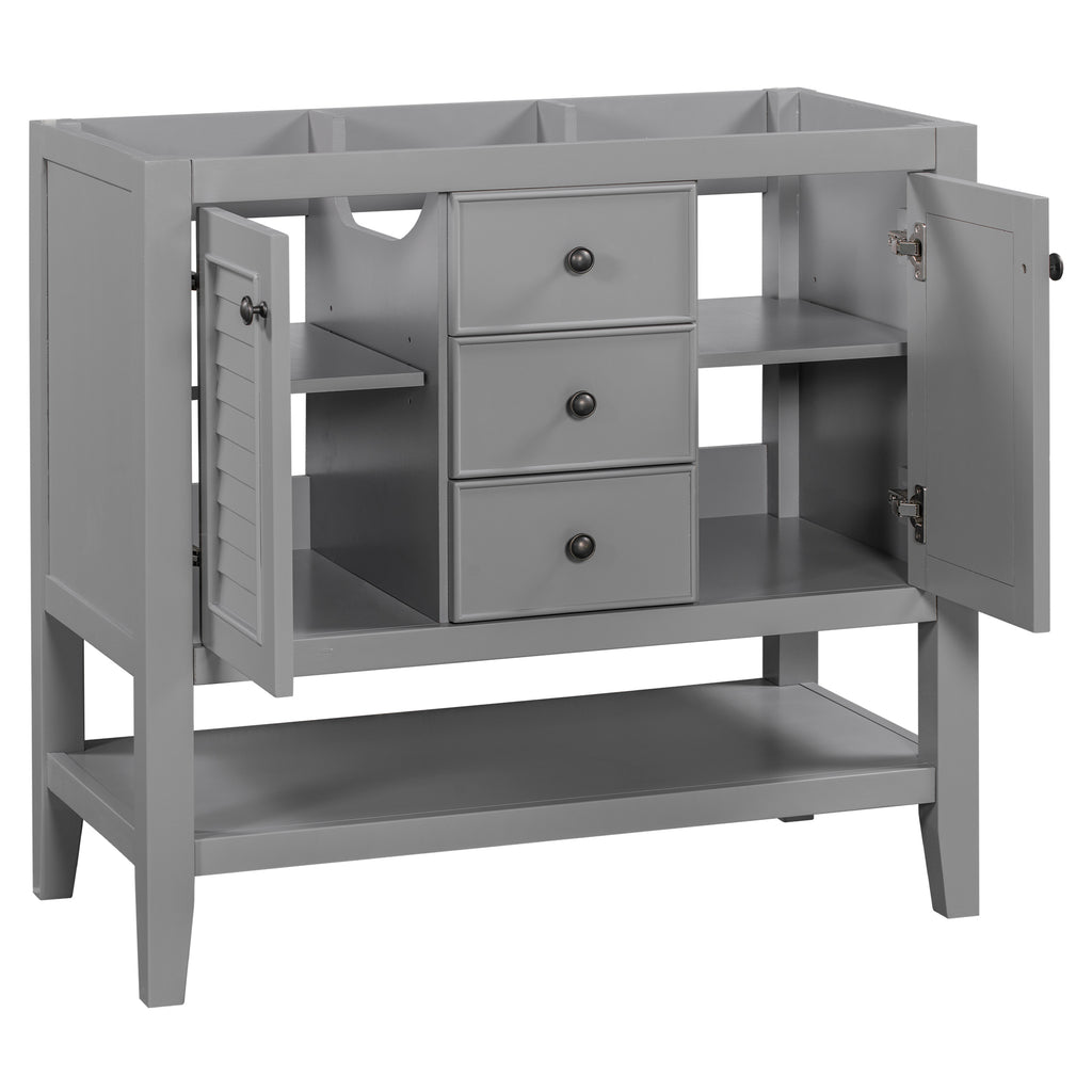 Leoglint 36" Bathroom Vanity without Sink, Cabinet Base Only, Two Cabinets and Drawers, Open Shelf, Solid Wood Frame, Grey