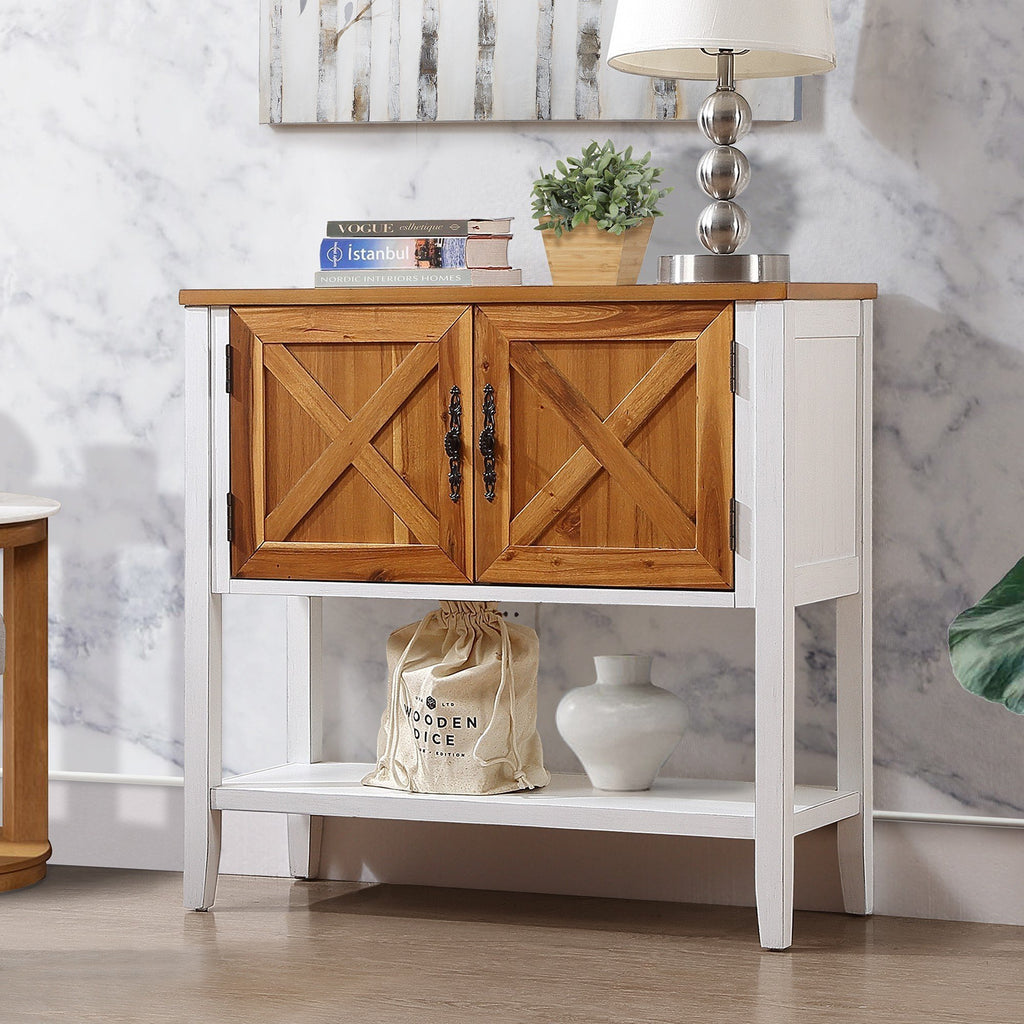 Leoglint 35''Farmhouse Wood Buffet Sideboard Console Table with Bottom Shelf and 2-Door Cabinet, for Living Room, Entryway,Kitchen Dining Room Furniture (Antique White + Natural Acacia Top & Door)