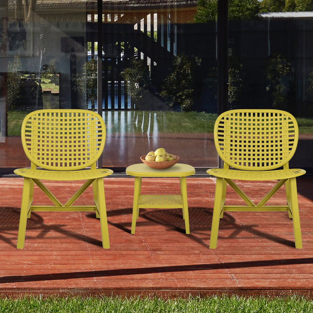 Leoglint 3 Pieces Hollow Design Patio Table Outdoor Chair Set All Weather Conversation Bistro Set Outdoor Coffee Table with Open Shelf and Lounge Chairs with Widened Seat for Balcony Garden Yard Yellow