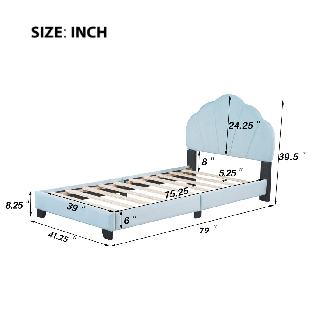 Leoglint Twin Size Upholstered Velvet Platform Bed Frame with Shell-Shaped Headboard, Blue