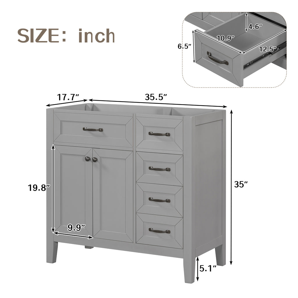 Leoglint 36" Bathroom Vanity without Sink, Cabinet Base Only, Bathroom Cabinet with Drawers, Solid Frame and MDF Board, Grey