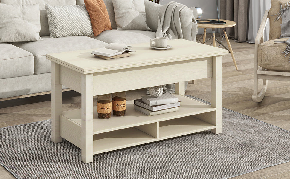 Leoglint [VIDEO provided] ON-TREND Lift Top Coffee Table, Multi-Functional Coffee Table with Open Shelves, Modern Lift Tabletop Dining Table for Living Room, Home Office, Rustic Ivory