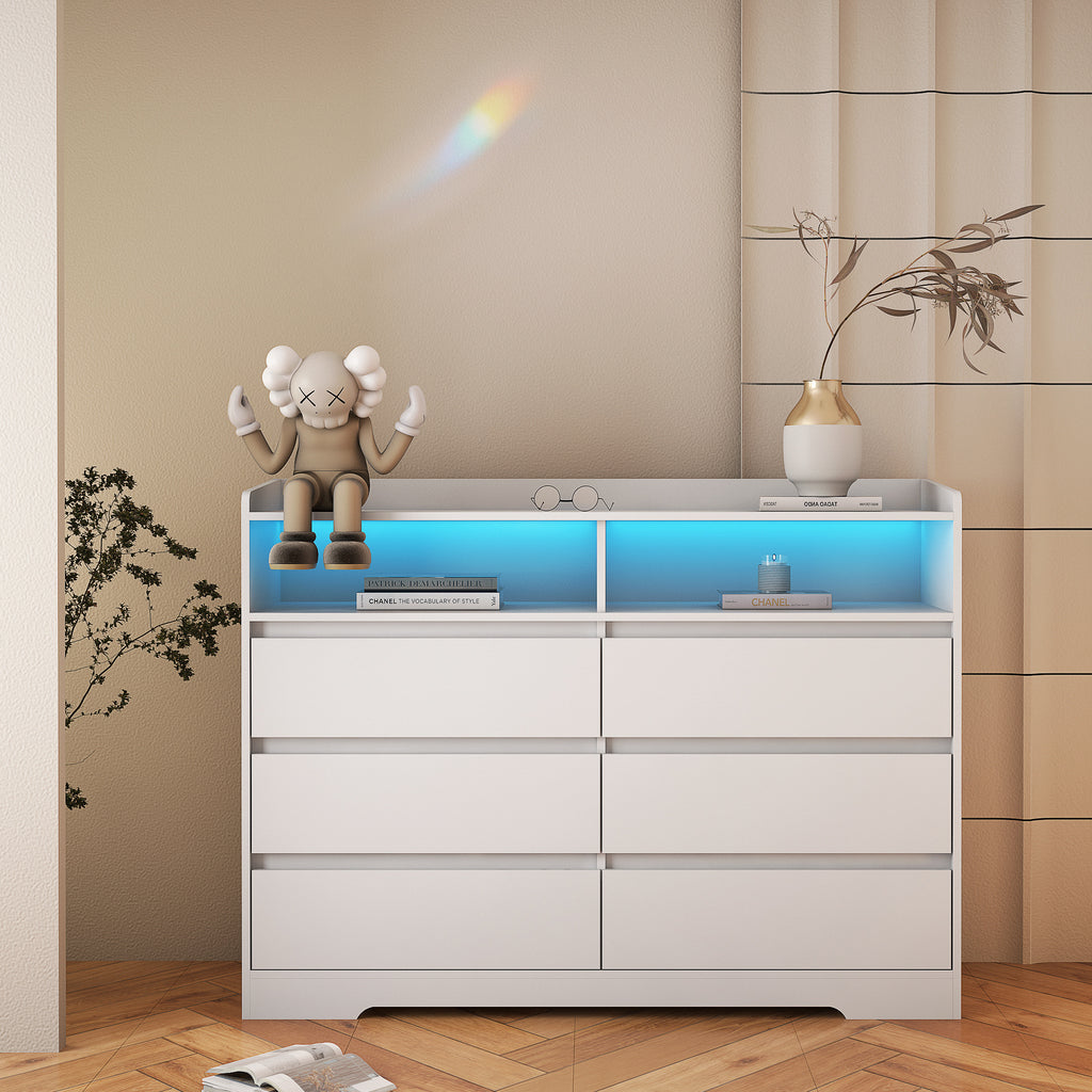 Leoglint 6 Drawer Chest Drawer Dresser, White Dresser for Bedroom with LED Lights, Modern Dressers & Chests of Drawers with Sturdy Frame for Living Room, Entryway, Hallway