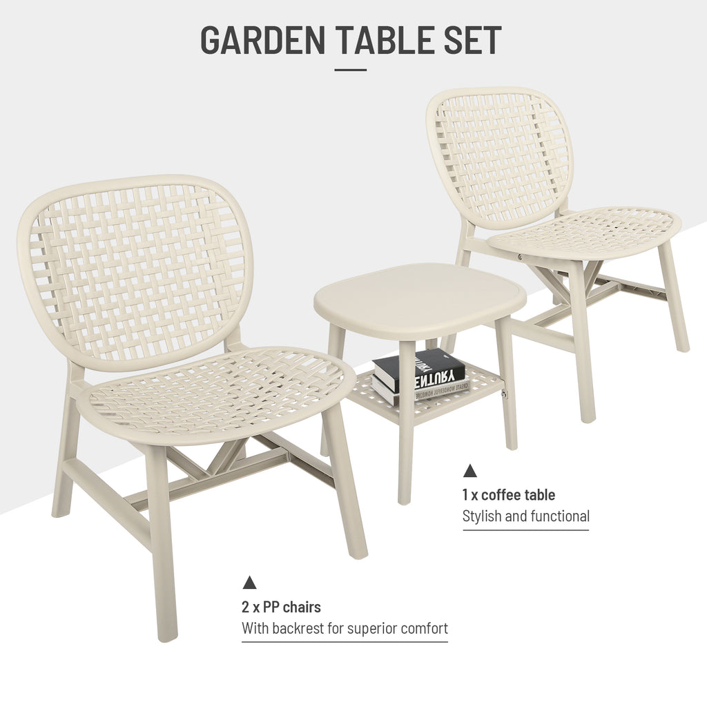 Leoglint 3 Pieces Hollow Design Retro Patio Table Outdoor Chair Set All Weather Conversation Bistro Set Outdoor Table with Open Shelf and Lounge Chairs with Widened Seat for Balcony Garden Yard White