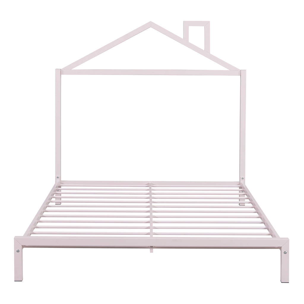 Leoglint Bed Frame Full Size Metal Platform Bed with House-Shaped Headboard Design, Pink