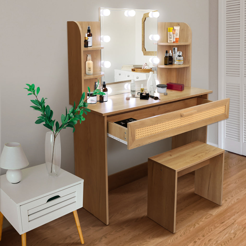 Leoglint Drawer Chest Vanity Desk Set Stool & Dressing Table with LED Lighting Mirror Drawer and Compartments Modern Wood Cosmetic Table Chest of Drawers Nature Color