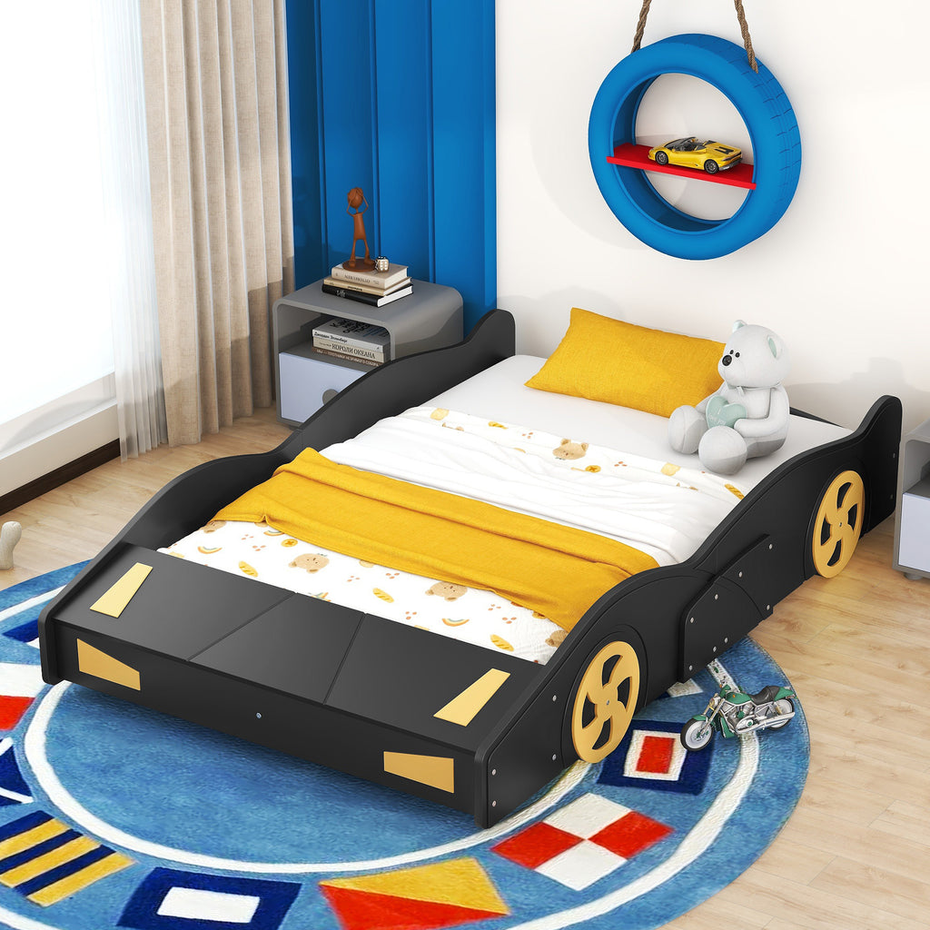 Leoglint Full Size Race Car-Shaped Platform Bed with Wheels and Storage, Black+Yellow