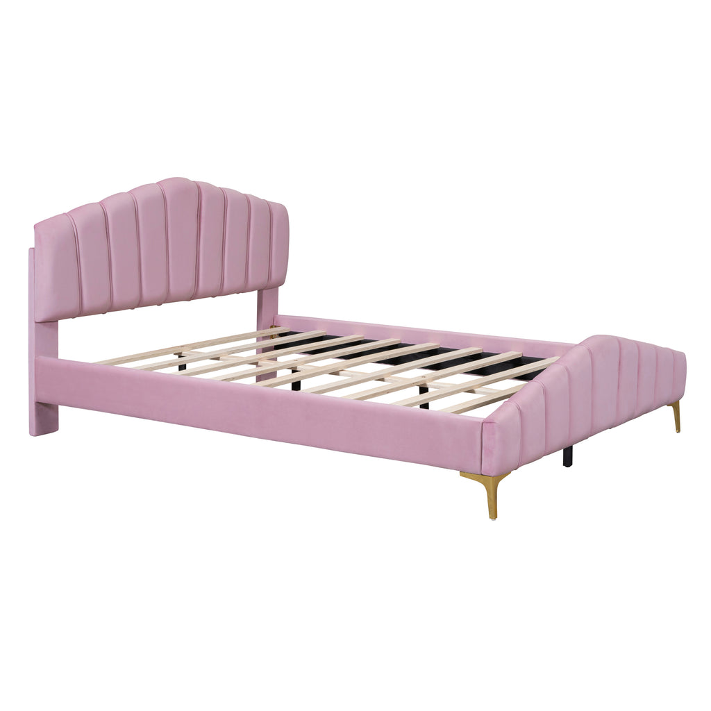 Queen Size Velvet Platform Bed Frame with Thick Fabric, Stylish Stripe Decorated Bedboard and Elegant Metal Bed Leg, Pink