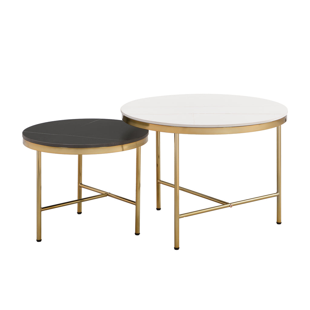 Leoglint Modern Round Nesting Coffee Table Set 2-Piece Black & White Sintered Stone Top Gold Base in 23.6''&17.7''