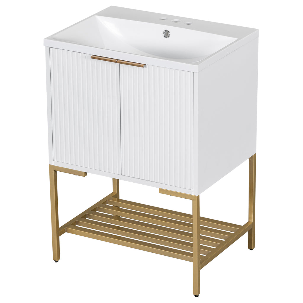 Leoglint 24" Bathroom Vanity with Sink, Bathroom Vanity Cabinet with Two Doors and Gold Metal Frame, Open Storage Shelf, White