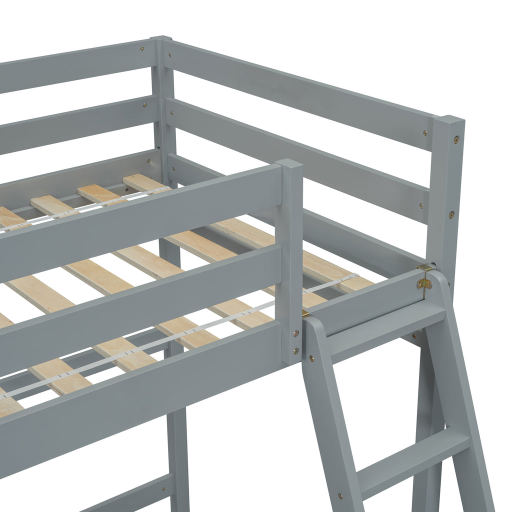 Leoglint Twin Size High Loft Bed Frame with inclined Ladder, Guardrails,Grey