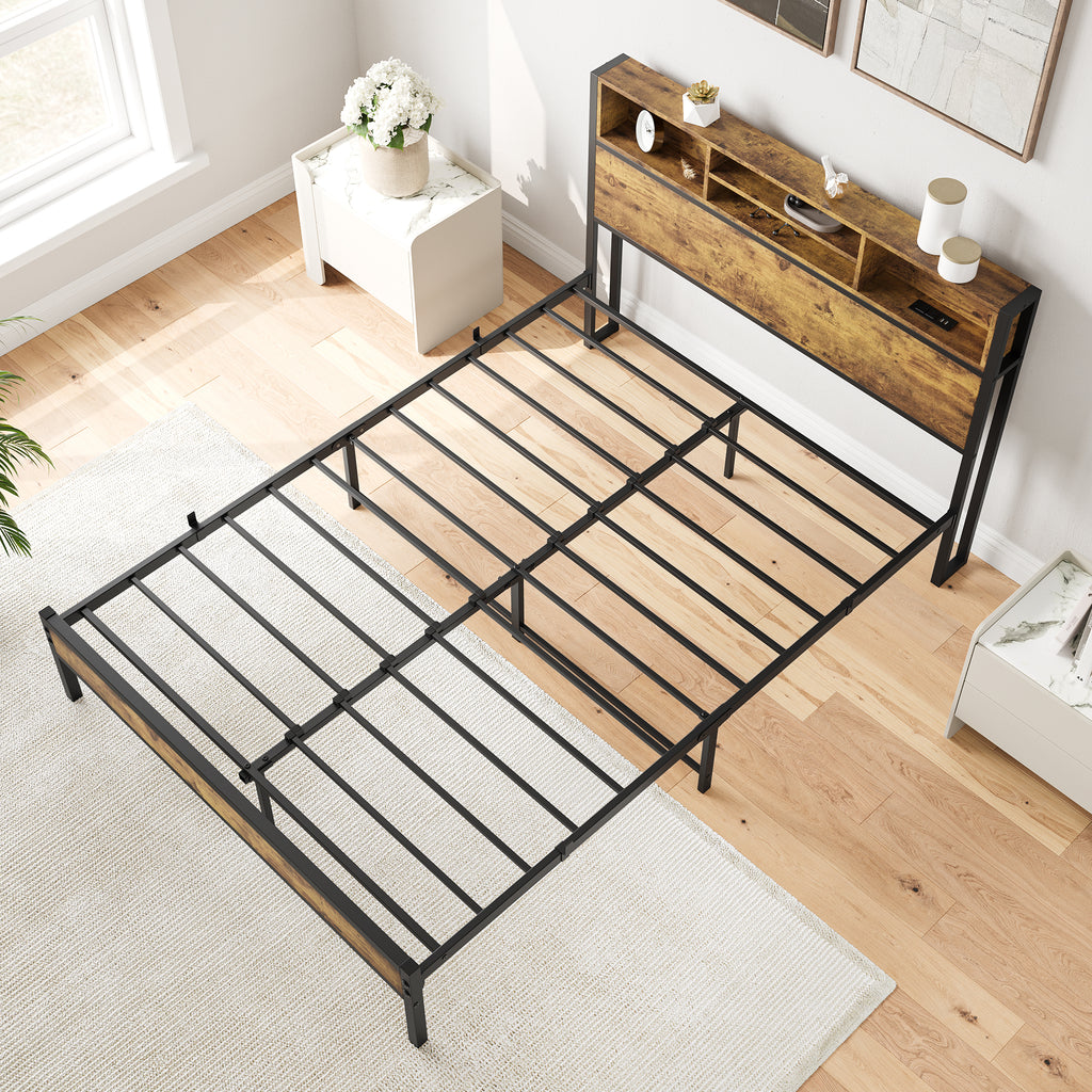 Leoglint Full Size Bed Frame with Storage Headboard, Metal Platform Bed with Charging Station,  Bookcase Storage, No Box Spring Needed, Easy Assembly, Noise-Free, Black