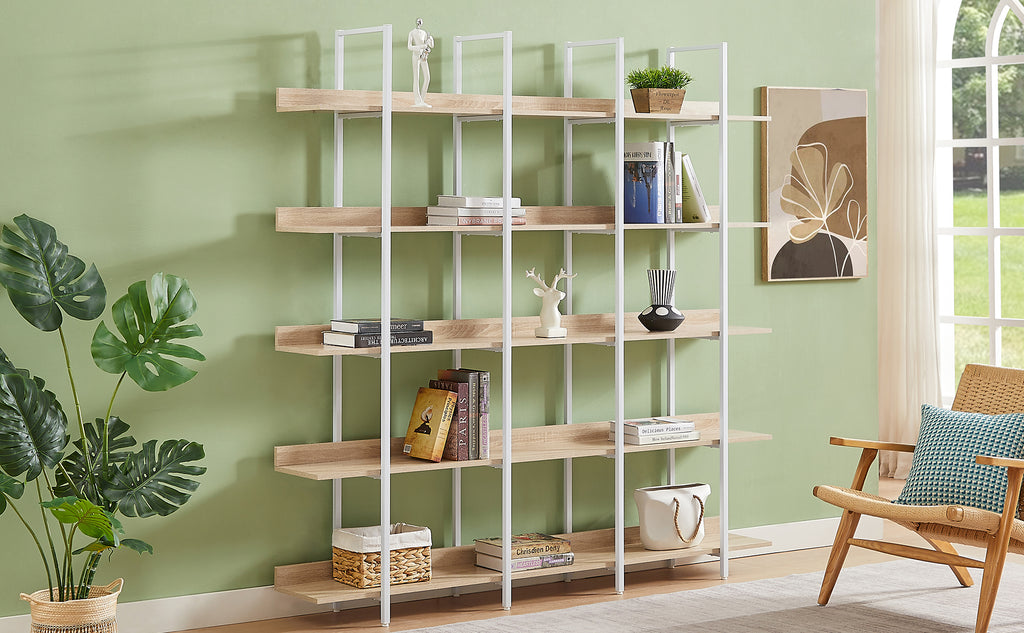 Leoglint 5 Tier Bookcase Home Office Open Bookshelf, Vintage Industrial Style Shelf, MDF Board, White Metal Frame, Oak