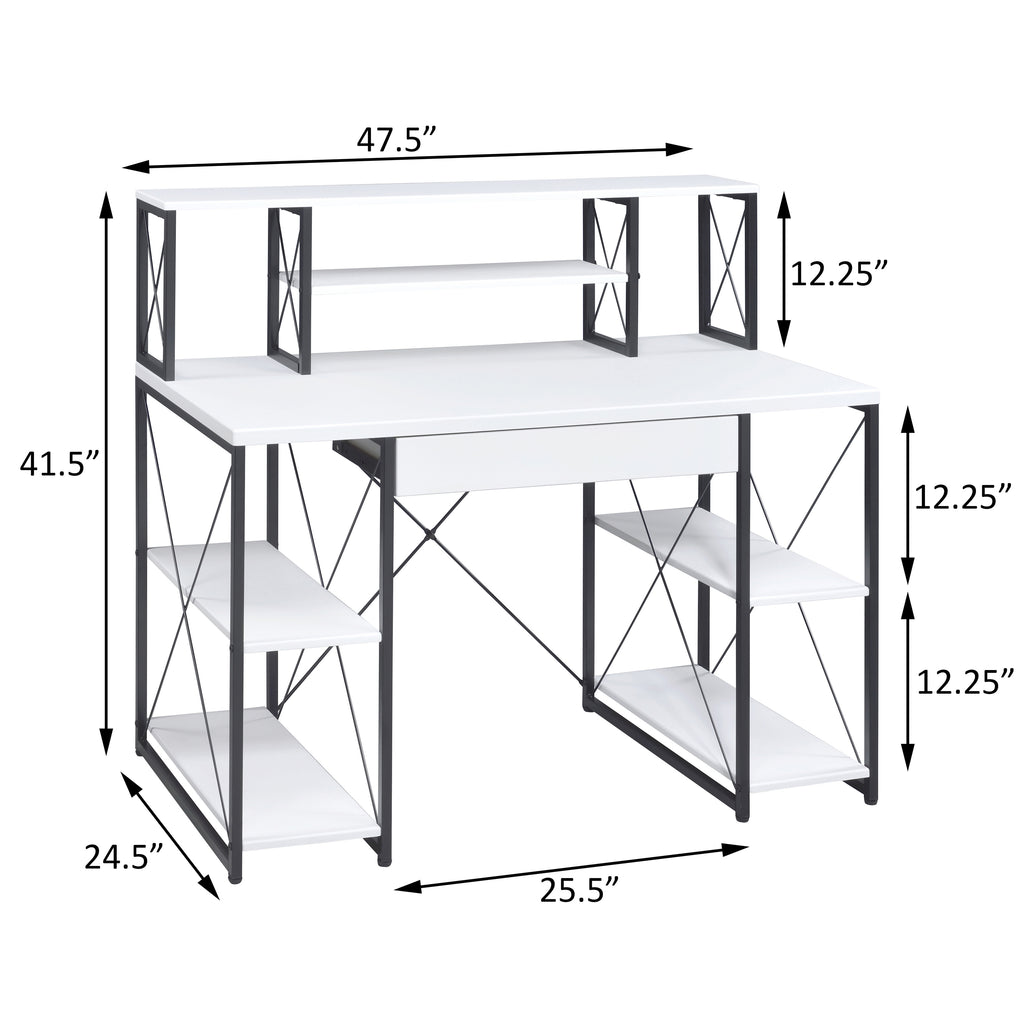 Leoglint White and Black Office Desk with Open Shelves and Hutch