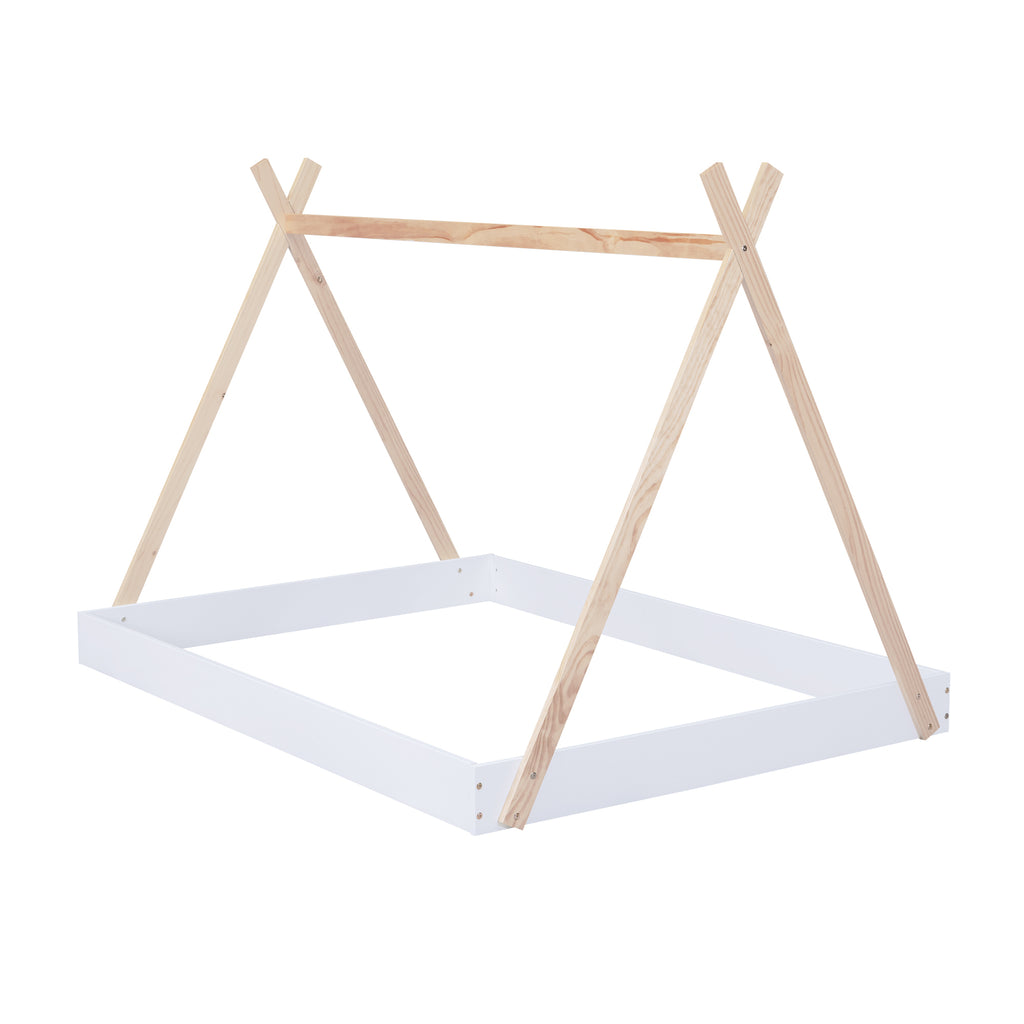 Leoglint Full Size Tent Floor Bed Frame with Triangle Structure, White+Natural