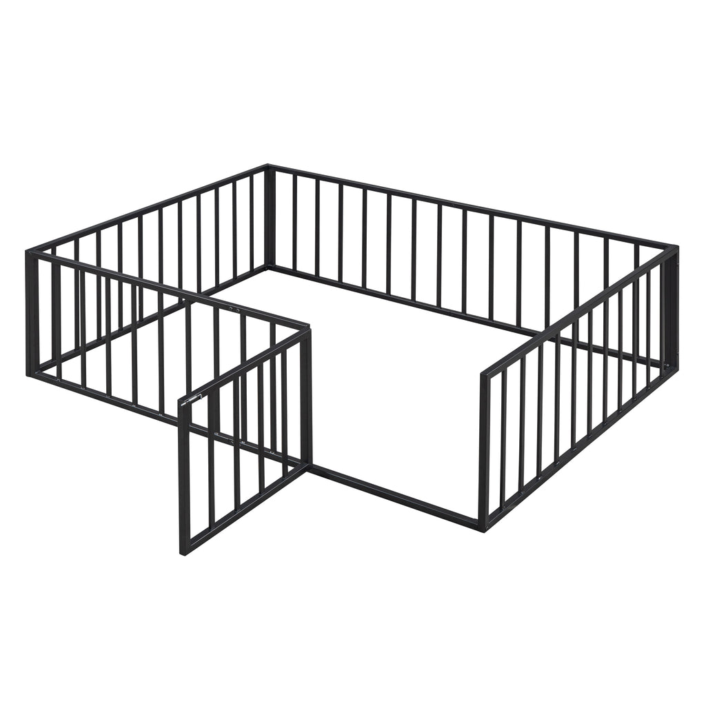 Leoglint Full Size Metal Floor Bed Frame with Fence and Door, Black