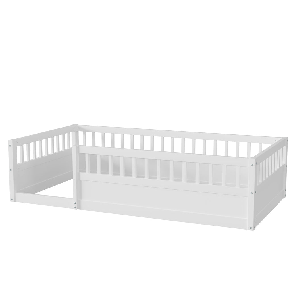 Twin Floor Bed Frame with Fence, Wood Kids Floor Beds Frame for Bedroom Playroom,White(Expect arrive date Jun. 21st)