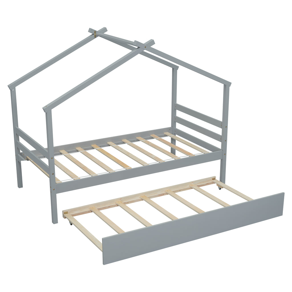 Leoglint Twin Size  House-shaped Bed Frame with Trundle,Grey