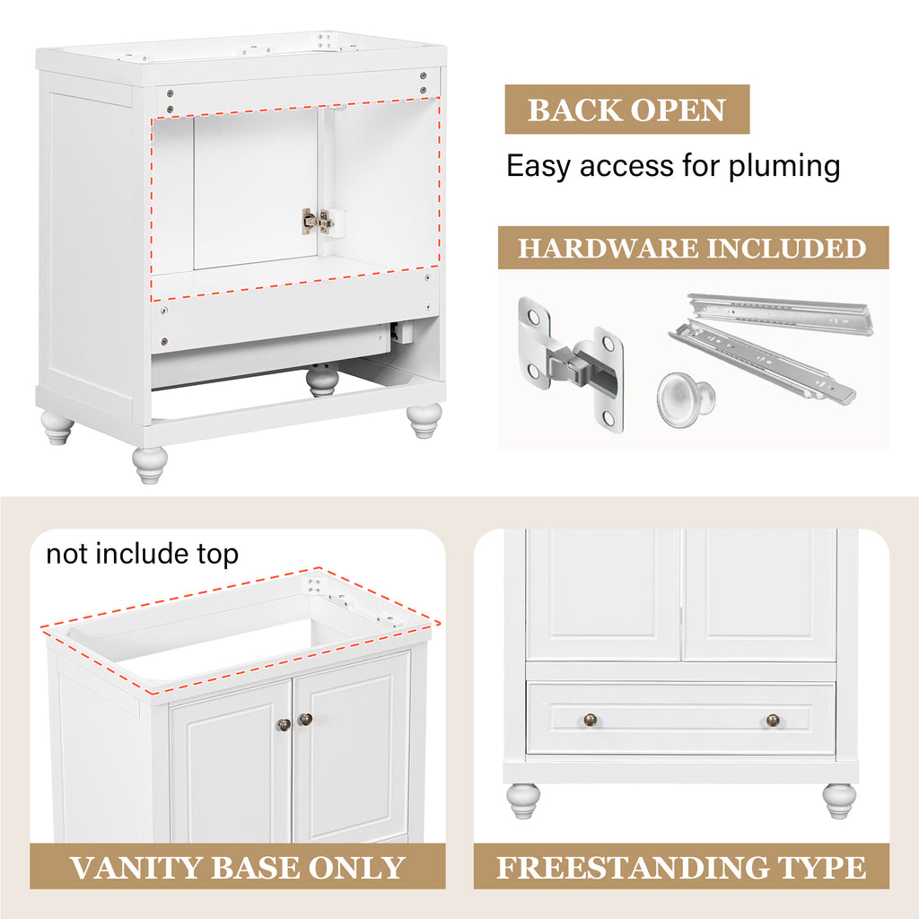 Leoglint 30" Bathroom Vanity without Sink, Base Only, Cabinet with Doors and Drawer, Solid Frame and MDF Board, White