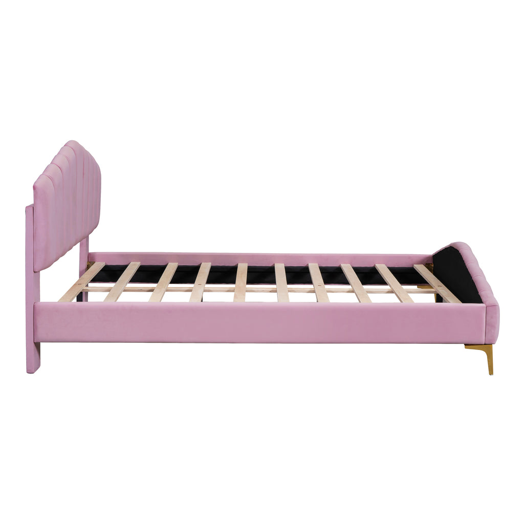 Queen Size Velvet Platform Bed Frame with Thick Fabric, Stylish Stripe Decorated Bedboard and Elegant Metal Bed Leg, Pink