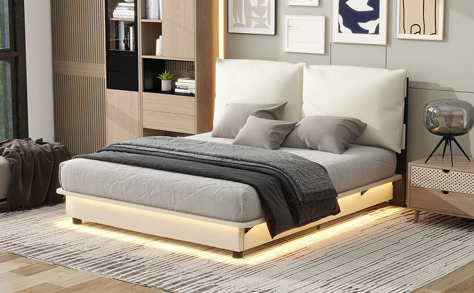 Queen Size Upholstered Platform Bed Frame with Sensor Light and Ergonomic Design Backrests, White