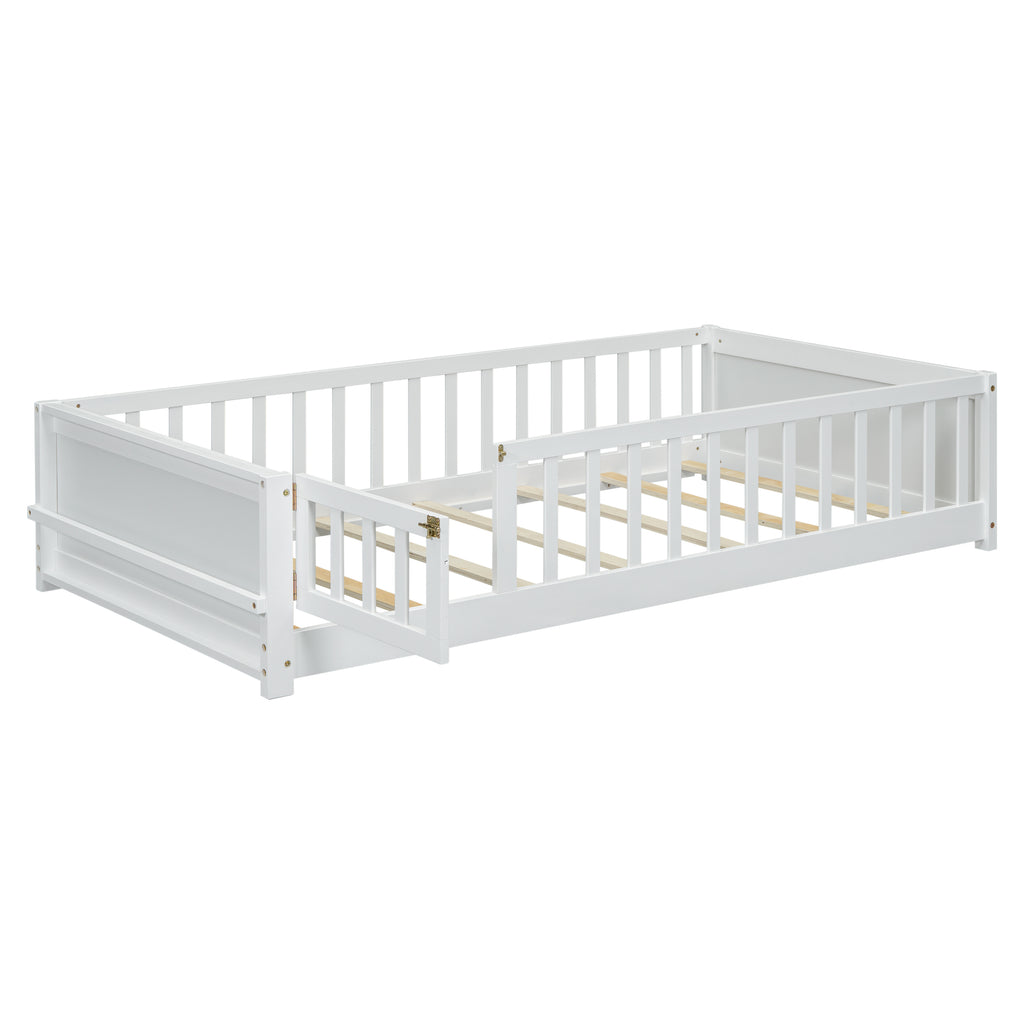 Leoglint Twin size Floor Platform Bed Frame with Built-in Book Storage Rack, Door,White