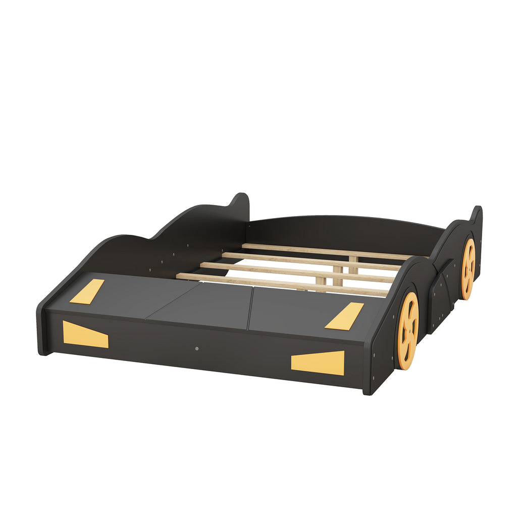 Leoglint Full Size Race Car-Shaped Platform Bed with Wheels and Storage, Black+Yellow