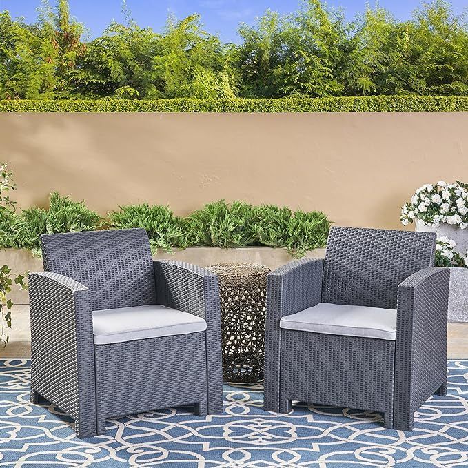 Leoglint Charcoal Faux Wicker Club Outdoor Chairs with Light Grey Water Resistant Cushions