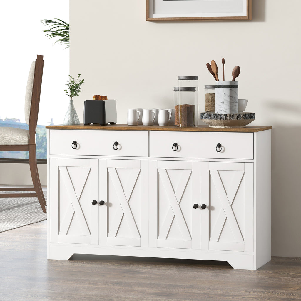 Leoglint Sideboard, Buffet Cabinet with 2 Drawers, 2Storage Cabinets, 4 Barn-Style Doors and Adjustable Shelves, Farmhouse Buffet Table with Storage, Wood Grain Top, White