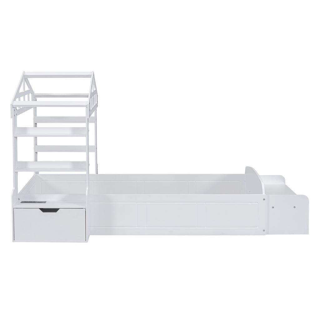 Leoglint Twin Size House Bed Frame with Bench, Socket and Shelves, White