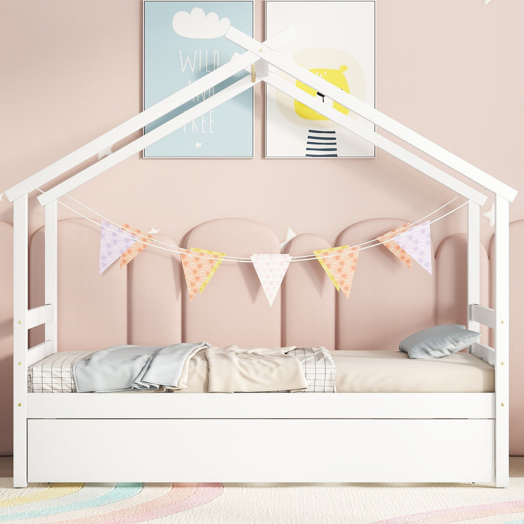 Leoglint Twin Size  House-shaped Bed Frame with Trundle,White