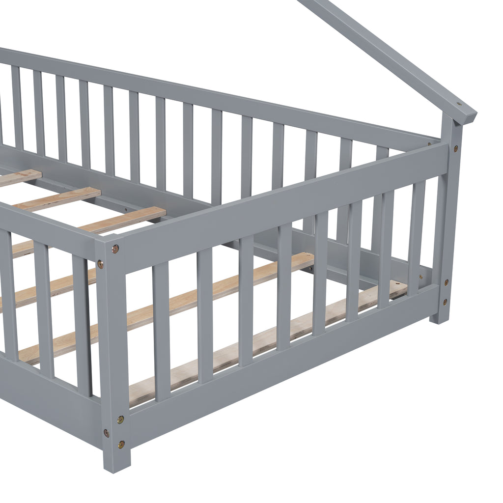 Twin House-Shaped Bedside Floor Bed Frame with Guardrails, Slats, with Door,Grey