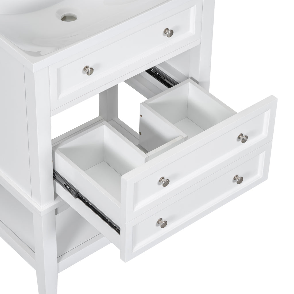 Leoglint 24" Bathroom Vanity With Sink, Bathroom Storage Cabinet with Drawer and Open Shelf, Solid Wood Frame, White