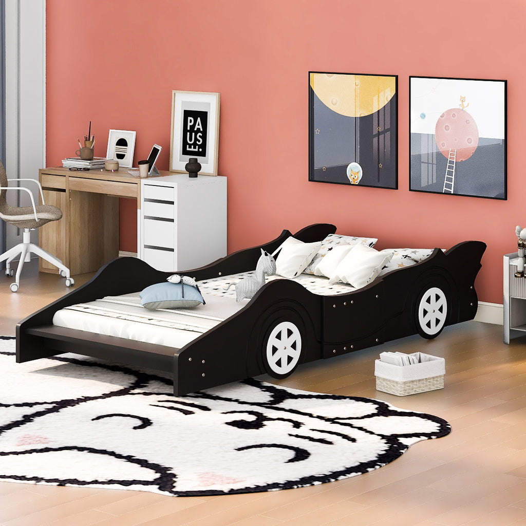 Leoglint Twin Size Race Car-Shaped Platform Bed Frame with Wheels,Black