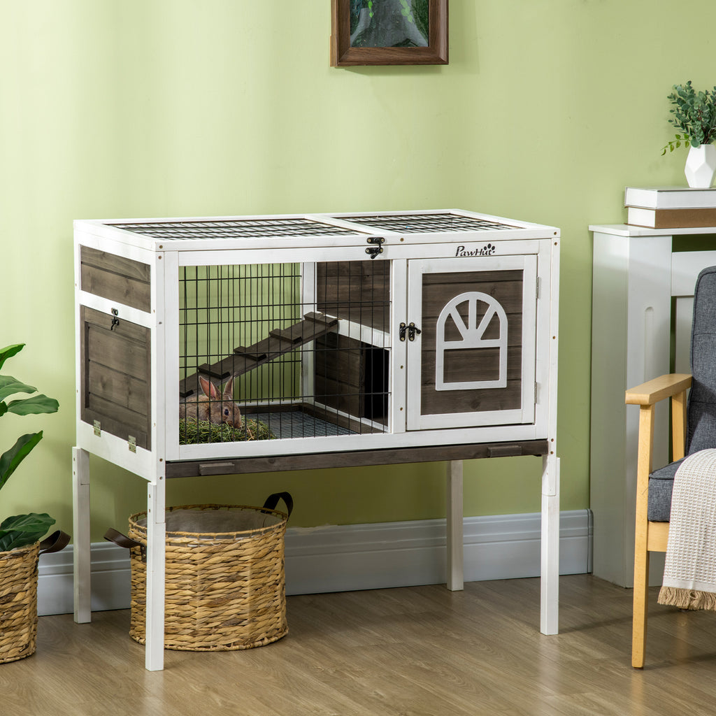 Leoglint Wooden Rabbit Hutch, Indoor Elevated Guinea Pig Cage with Run, Ladder, Lockable Doors and Removable Tray, Coffee