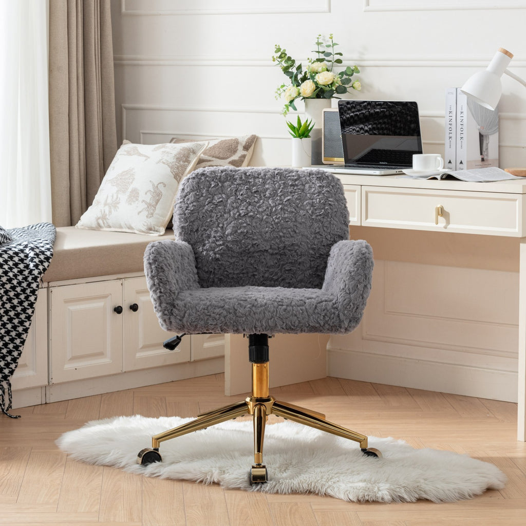 Leoglint A&A Furniture Office Chair,Artificial rabbit hair Home Office Chair with Golden Metal Base,Adjustable Desk Chair Swivel Office Chair,Vanity Chair(Gray)