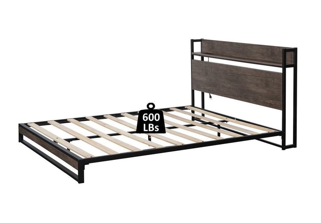 Platform Queen Bed Frame with Socket, Fast Assemble Design