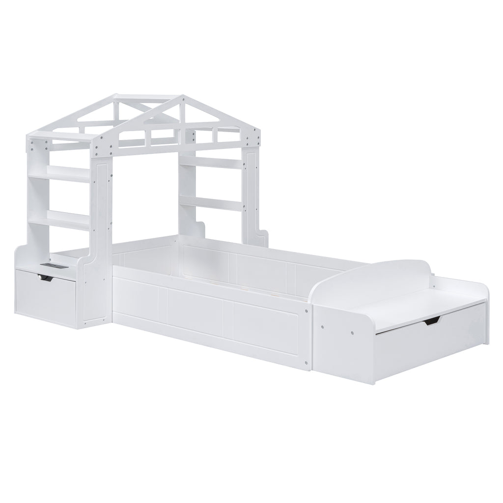 Leoglint Twin Size House Bed Frame with Bench, Socket and Shelves, White